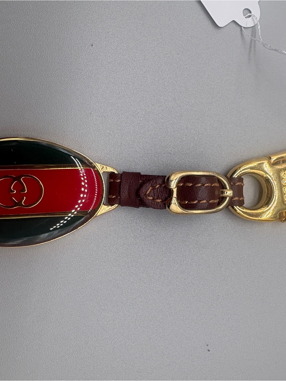 Vintage Gucci GG Enamel Key Ring Red Green Leather Gold Tone with COA